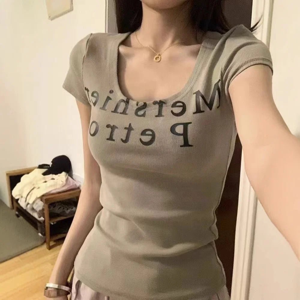 Cheap Retro Hot Girl Letter Printing U - neck Short - sleeved T-shirt Women's 2025 Summer New Design Pure Desire Style Top - Zeprah