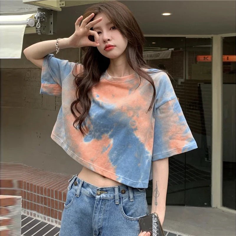 Cheap Summer 2025 New Women's Tie - dyed Short - sleeved T-shirt Design Sense Short Spice Girl Top - Zeprah