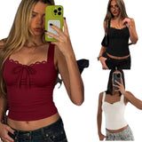 Cheap Women's Sleeveless Top Patchwork Square Neck Lace - Up Backless Cami Comfortable Fitted Casual Knitted - Zeprah