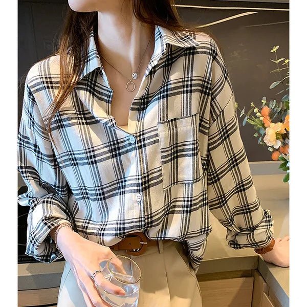 Check Woman's Shirt Vintage Trendy Versatile Lady's Shirt Casual Long - Sleeved Shirt - Zeprah