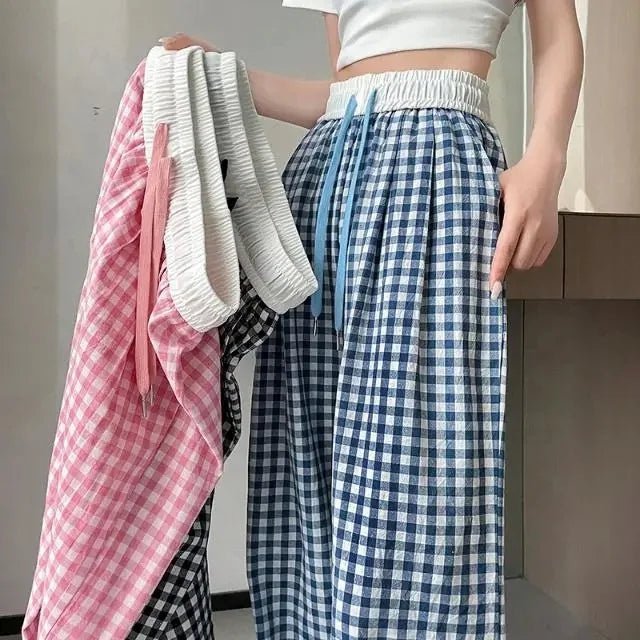 Checked Long Pants Casual Summer Trousers Wide - legged Pants - Zeprah