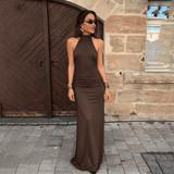 Chic Halter Neck Ruched Waist Maxi Dress - Zeprah