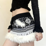 Christmas Eco - Friendly Printed Short Skirt Fair Isle Snowflake Knitted Dropped Waist Pencil Skirt Fuzzy Trim Decorative Pocket - Zeprah