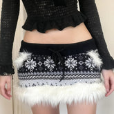 Christmas Eco - Friendly Printed Short Skirt Fair Isle Snowflake Knitted Dropped Waist Pencil Skirt Fuzzy Trim Decorative Pocket - Zeprah