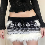 Christmas Eco - Friendly Printed Short Skirt Fair Isle Snowflake Knitted Dropped Waist Pencil Skirt Fuzzy Trim Decorative Pocket - Zeprah