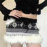 Christmas Eco - Friendly Printed Short Skirt Fair Isle Snowflake Knitted Dropped Waist Pencil Skirt Fuzzy Trim Decorative Pocket - Zeprah
