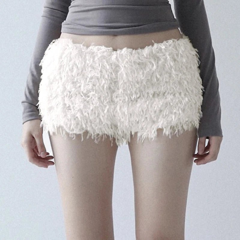 Christmas Plush Hot Shorts Snow White Low Waist Cozy Breathable Eco - Friendly Y2K Skinny Fit Elastic Waist 100% Polyester - Zeprah
