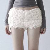 Christmas Plush Hot Shorts Snow White Low Waist Cozy Breathable Eco - Friendly Y2K Skinny Fit Elastic Waist 100% Polyester - Zeprah
