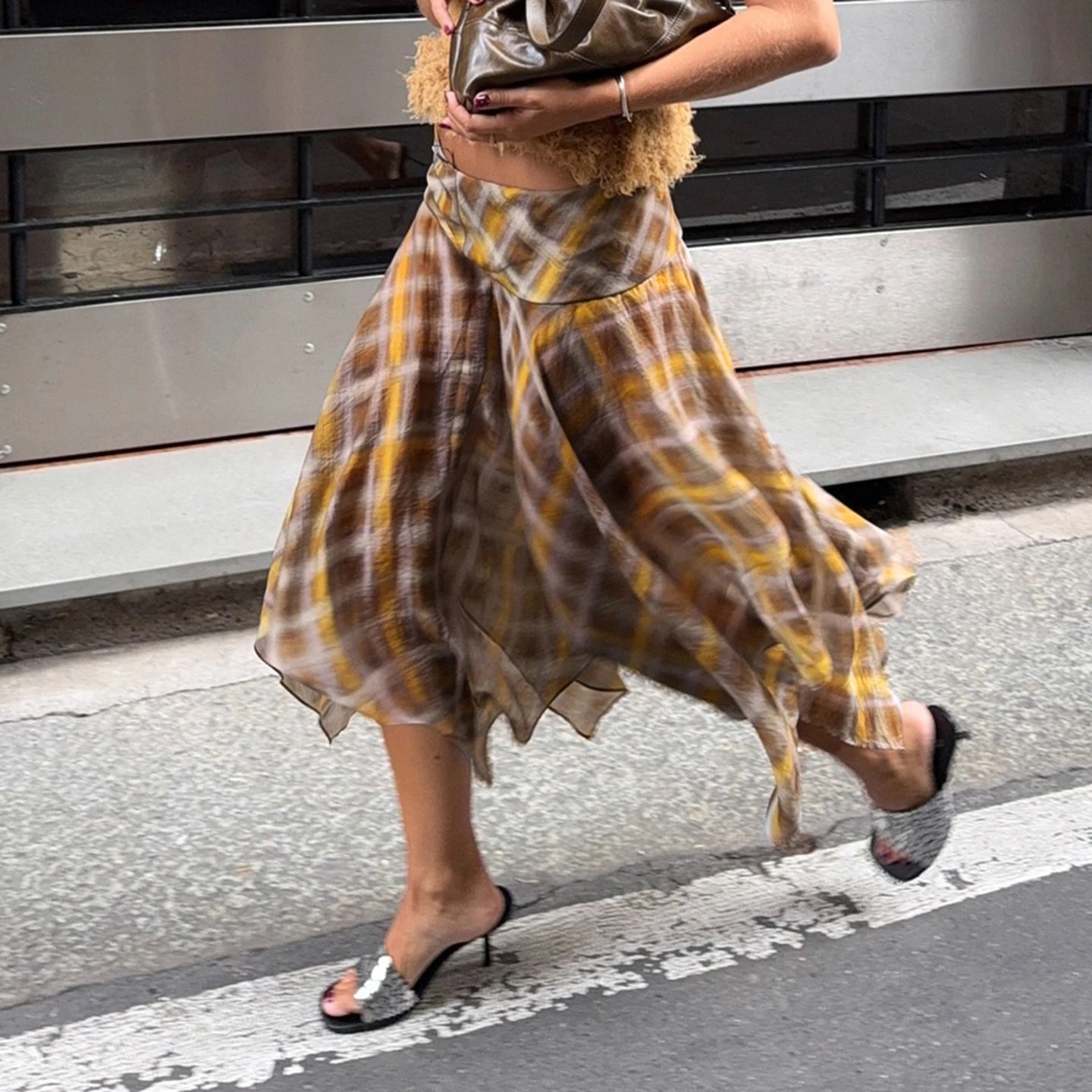 Classic Plaid A - Line Casual Breathable Eco - Friendly Zipper Skirt Natural Waist Color Block Irregular Hem Mid - Length Slim Fit - Zeprah