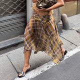 Classic Plaid A - Line Casual Breathable Eco - Friendly Zipper Skirt Natural Waist Color Block Irregular Hem Mid - Length Slim Fit - Zeprah