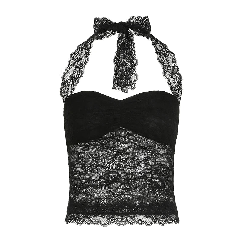 Club Wear Women's Short Sexy Sheer Lace Backless Halter Cami Tank Top Sleeveless Vest Quick Dry - Zeprah