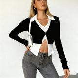 Color Contrast Base Shirt Lapel Long Sleeve T-shirt Fashionable Long Sleeve Short Top - Zeprah