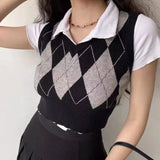 Color Contrast Cropped Top Argyle Basic tank Top V - neck Slim - fit Sweater Vest - Zeprah