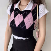 Color Contrast Cropped Top Argyle Basic tank Top V - neck Slim - fit Sweater Vest - Zeprah