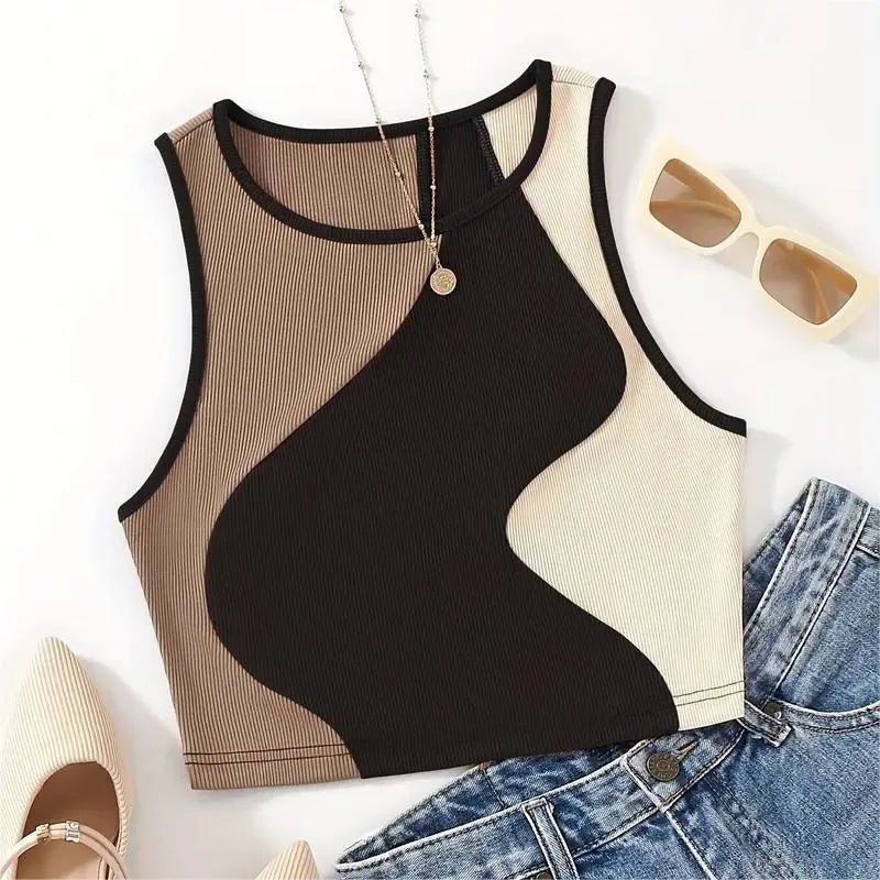 Color Contrast Cropped Top Slim - fit Sleeveless Tops Casual Going Out Tops - Zeprah