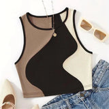 Color Contrast Cropped Top Slim - fit Sleeveless Tops Casual Going Out Tops - Zeprah