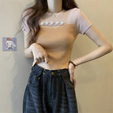 Color Contrast Graphic Tee Fashionable Women's Clothing Hollow Out Short - sleeved Blouse - Zeprah