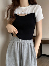 Color Contrast Graphic Tee Fashionable Women's Clothing Hollow Out Short - sleeved Blouse - Zeprah