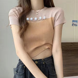 Color Contrast Graphic Tee Fashionable Women's Clothing Hollow Out Short - sleeved Blouse - Zeprah