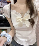 Color Contrast Short Sleeve T-shirt Bow Bubbles Short Graphic Tee Straight Shoulder Women's T-shirts - Zeprah