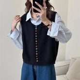 Colorful Button Knitted Casual Eco - Friendly Vest for Women Artistic Retro Soft Neck Layered Cardigan Outerwear - Zeprah