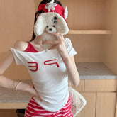 Contrast Color Build in Bra Short - sleeved T-shirt Summer American Design Sense Niche Slim Fit Spice Girls Off - Shoulder Top - Zeprah