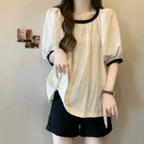 Contrast Color Puff Sleeve 2025 Summer Loose Women's Crewneck Fashionable Short Sleeve T-Shirt Slimming Women's Top - Zeprah