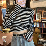 Contrast Color Striped Women's Long - sleeved T-shirt 2025 Autumn New Casual Slimming Short Top - Zeprah