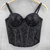 Coquette Style Boned Sequined Bandeau Top - Disco Crop Fitted Underwired Spaghetti Strap Women's Waist - Cinching Spring & Summer - Zeprah