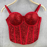 Coquette Style Boned Sequined Bandeau Top - Disco Crop Fitted Underwired Spaghetti Strap Women's Waist - Cinching Spring & Summer - Zeprah