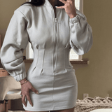 Corset Waist Bomber Style Zip - Up Mini Dress - Zeprah