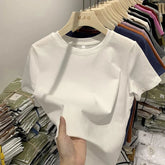 Cotton Elastic Thread Casual Solid Color Short - sleeved Women's T-shirt New Slim - fit Base Shirt Top for Women - Zeprah