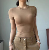 Cotton Summer New Female Spice Girls Solid Color Round Neck Slim Fit Short Base - Layer Shirt Basic Short - Sleeved T-Shirt - Zeprah