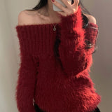 Cozy Breathable off Shoulder Winter Sweater in Soft Faux Fur Basic Long Sleeve Casual Solid Color - Zeprah