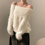 Cozy Breathable off Shoulder Winter Sweater in Soft Faux Fur Basic Long Sleeve Casual Solid Color - Zeprah