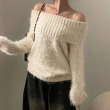 Cozy Breathable off Shoulder Winter Sweater in Soft Faux Fur Basic Long Sleeve Casual Solid Color - Zeprah