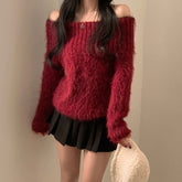 Cozy Breathable off Shoulder Winter Sweater in Soft Faux Fur Basic Long Sleeve Casual Solid Color - Zeprah
