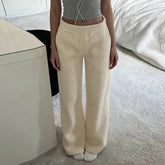 Cozy Casual Relaxed Fit Winter Eco - Friendly Plush Pants Women Solid Color Soft Teddy Fabric Straight Leg Elastic Waist Mid Flat - Zeprah