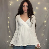 Cute Eco - Friendly Breathable Knitted Y2K Sweetheart Lace Trim Blouse V Neck Flared Swing Top Long Sleeve Womens T Shirt - Zeprah