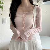 Cute pink Button Women's Short T-shirt Cardigan Autumn Knitted Breathable Anti - pilling Anti - wrinkle Slim Fit Long Sleeved Top - Zeprah