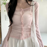 Cute pink Button Women's Short T-shirt Cardigan Autumn Knitted Breathable Anti - pilling Anti - wrinkle Slim Fit Long Sleeved Top - Zeprah