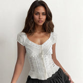 Cute Preppy Women's Regular Fit Shirt Lace Trim Ruffles Short Sleeve Plain Dyed Fabric Spring Summer Breathable Eco - Friendly - Zeprah