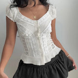 Cute Preppy Women's Regular Fit Shirt Lace Trim Ruffles Short Sleeve Plain Dyed Fabric Spring Summer Breathable Eco - Friendly - Zeprah