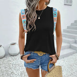 Cute Summer European American Loose Short Sleeve Top Ethnic Style Neck Ribbon Splicing T-Shirt for Women - Zeprah