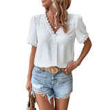 Cute Summer Leisure Vacation Hot Sale European American Lace Decoration V - neck Solid Color - Zeprah