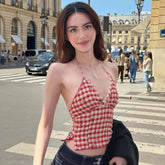 Cute Sweet Woven Plaid Short Tank Top with Ribbons Breathable Eco - Friendly V - Neck Design 100% Polyester Color Blocked - Zeprah