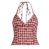 Cute Sweet Woven Plaid Short Tank Top with Ribbons Breathable Eco - Friendly V - Neck Design 100% Polyester Color Blocked - Zeprah
