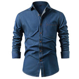 Men's American Style Denim Shirt Cotton Wrinkle Resistant Solid Color Long Sleeve Casual Jacket Trendy Outerwear for Men