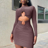 Long Sleeve Double Hollow Out Mini Dress Women Metal Ring Ruched Waist Bodycon Night Club Figure Hugging Stretch Short Dress