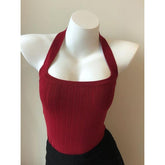 Women Ribbed Knit Halter Camisole Top Back Tie Bow Backless Slim Crop Tank Top Sexy Wine Red Sleeveless Vest for Daily Wear
